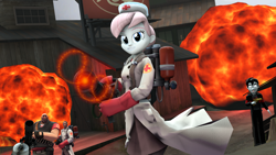 Size: 1920x1080 | Tagged: safe, artist:megatron-returns, character:nurse redheart, oc, oc:flame thrower, my little pony:equestria girls, 3d, crossover, equestria girls-ified, explosion, heavy weapons guy, medic, medigun, minigun, smiling, smirk, source filmmaker, team fortress 2, weapon