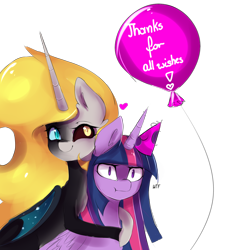 Size: 1226x1335 | Tagged: source needed, useless source url, safe, artist:nutellaakanutella, character:daybreaker, character:nightmare moon, character:princess celestia, character:princess luna, character:twilight sparkle, character:twilight sparkle (alicorn), parent:twilight sparkle, species:alicorn, species:pony, :i, balloon, cute, fusion, heart, heterochromia, hug, simple background, smiling, transparent background