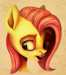 Size: 1467x1652 | Tagged: safe, artist:themarquisofdorks, character:fluttershy, species:pony, bust, female, looking away, looking sideways, mare, open mouth, portrait, solo, three quarter view