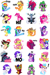 Size: 1020x1540 | Tagged: safe, artist:jublin, character:applejack, character:capper dapperpaws, character:captain celaeno, character:fluttershy, character:grubber, character:pinkie pie, character:princess skystar, character:queen novo, character:rainbow dash, character:rarity, character:songbird serenade, character:spike, character:storm king, character:tempest shadow, character:twilight sparkle, character:twilight sparkle (alicorn), species:abyssinian, species:alicorn, species:anthro, species:dragon, species:earth pony, species:pegasus, species:pony, species:seapony (g4), species:unicorn, my little pony: the movie (2017), angry, animated, anthro with ponies, cake, cat, clothing, confetti, cowboy hat, duh, eww, exclamation point, facebook, facebook sticker, female, floating heart, food, group hug, ha, hat, headworn microphone, heart, hi, hmph, hug, male, mane six, mare, music notes, no, please, question mark, rainbow, shrug, sigh, sticker, ugh, waving