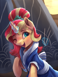 Size: 800x1066 | Tagged: safe, artist:vanillaghosties, character:sunset shimmer, species:pony, species:unicorn, episode:good vibes, eqg summertime shorts, g4, my little pony: equestria girls, my little pony:equestria girls, clothing, cute, equestria girls ponified, female, happi, mare, obi, one eye closed, open mouth, ponified, shimmerbetes, smiling, solo, sunset sushi, toy interpretation