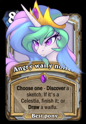 Size: 392x564 | Tagged: safe, alternate version, artist:oksara, character:princess celestia, species:alicorn, species:pony, :3, :<, angry, angry horse noises, best pony, bust, card, crown, cute, cutelestia, descriptive noise, female, floppy ears, frown, glare, hearthstone, horse noises, jewelry, mare, messy mane, regalia, solo, waifu, warcraft, wingding eyes