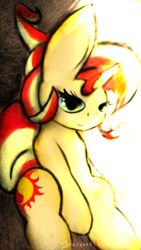 Size: 640x1136 | Tagged: safe, artist:wolfkrft, character:sunset shimmer, species:pony, species:unicorn, backwards cutie mark, female, looking at you, mare, sitting, solo, sun, sunset shimmer day, sunshine shimmer