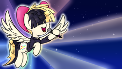 Size: 5120x2880 | Tagged: safe, artist:prismstreak, character:songbird serenade, species:pegasus, species:pony, my little pony: the movie (2017), bow, clothing, female, flying, hair bow, hair over eyes, mare, microphone, rainbow (song), sia (singer), singing, solo, tinyface