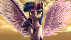 Size: 1366x768 | Tagged: safe, artist:chryseum, derpibooru original, character:twilight sparkle, character:twilight sparkle (alicorn), species:alicorn, species:pony, my little pony: the movie (2017), female, lidded eyes, looking at you, mare, scene interpretation, smiling, solo, spread wings, staff, staff of sacanas, wings