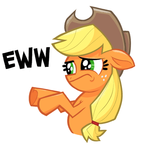 Size: 500x500 | Tagged: safe, artist:jublin, character:applejack, species:earth pony, species:pony, my little pony: the movie (2017), animated, bipedal, blep, clothing, cowboy hat, do not want, eww, facebook, facebook sticker, female, floppy ears, frown, gif, hat, juxtaposition bait, lidded eyes, mare, raised eyebrow, reaction image, silly, silly pony, simple background, solo, sticker, text, tongue out, underhoof, white background