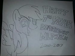 Size: 800x600 | Tagged: safe, artist:milo(german), character:derpy hooves, species:pegasus, species:pony, female, grayscale, happy birthday mlp:fim, looking at you, mare, mlp fim's seventh anniversary, monochrome, open mouth, smiling, solo, spread wings, traditional art, underp, wings