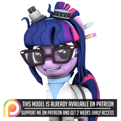 Size: 894x894 | Tagged: safe, artist:dazzion, character:twilight sparkle, character:twilight sparkle (scitwi), species:pony, species:unicorn, episode:mad twience, eqg summertime shorts, g4, my little pony: equestria girls, 3d, clothing, cute, equestria girls ponified, glasses, goggles, lab coat, mad scientist, patreon, patreon logo, ponified, simple background, source filmmaker, transparent background, twiabetes