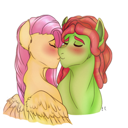 Size: 900x900 | Tagged: safe, artist:anxiousshadowpetals, character:fluttershy, character:tree hugger, species:earth pony, species:pegasus, species:pony, ship:flutterhugger, blushing, bust, cute, eyes closed, female, kissing, lesbian, missing accessory, shipping, simple background, transparent background, wings