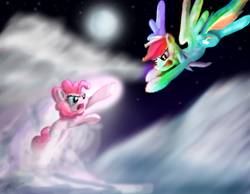 Size: 3229x2504 | Tagged: safe, artist:phendyl, character:pinkie pie, character:rainbow dash, species:pony, flying, high res, hotblooded pinkie pie, magic, night
