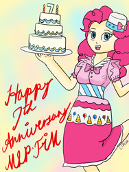 Size: 1668x2224 | Tagged: safe, artist:infinityr319, character:pinkie pie, species:human, birthday cake, cake, clothing, dress, female, food, happy birthday mlp:fim, humanized, mlp fim's seventh anniversary, solo