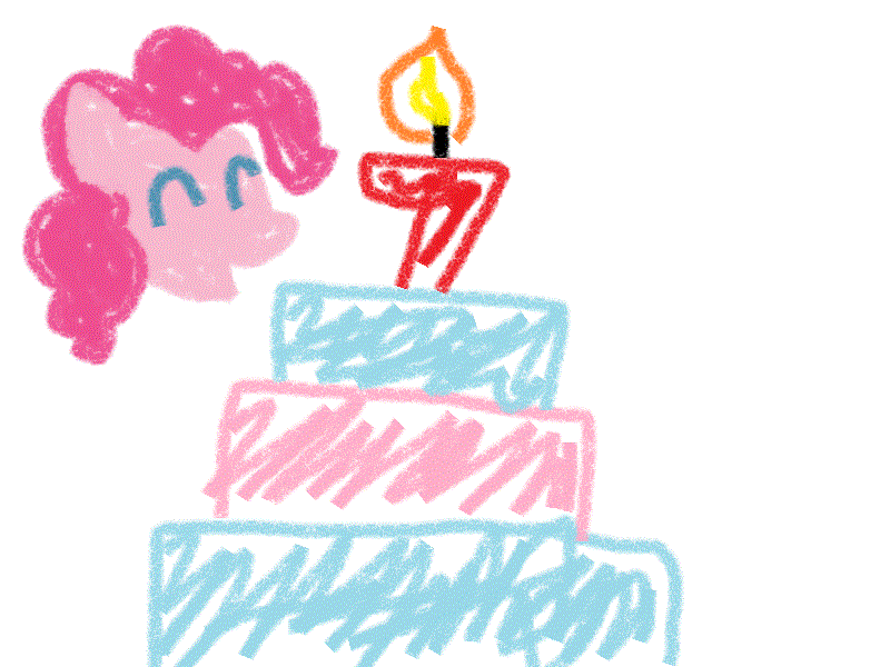 Size: 800x600 | Tagged: safe, artist:yoshimon1, character:pinkie pie, species:earth pony, species:pony, animated, birthday cake, cake, crayon effect, doodle, female, floating head, food, gif, happy birthday mlp:fim, mlp fim's seventh anniversary, simple background, solo, white background