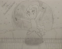 Size: 3318x2625 | Tagged: safe, artist:tazool, character:pinkie pie, species:earth pony, species:pony, big smile, cannon, fireworks, happy birthday mlp:fim, mlp fim's seventh anniversary, moon, stars, traditional art