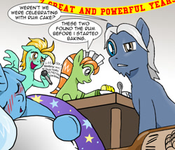 Size: 1024x875 | Tagged: safe, artist:adenyne, derpibooru original, character:lightning dust, character:trixie, oc, oc:mary annette, oc:ravenclock, species:earth pony, species:pegasus, species:pony, species:unicorn, banner, blushing, bottle, cake, drunk, female, food, grammar error, great and powerful, happy birthday mlp:fim, hoof hold, male, mare, microphone, mlp fim's seventh anniversary, party, rainbow (song), rum, singing, sleeping, stallion, the great and alcoholics trixie
