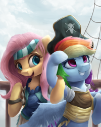Size: 800x1000 | Tagged: safe, artist:vanillaghosties, character:fluttershy, character:rainbow dash, species:pegasus, species:pony, my little pony: the movie (2017), clothing, duo, duo female, female, hat, mare, multicolored hair, pirate, pirate hat, pirate ship, ship, smiling