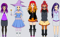 Size: 1147x705 | Tagged: safe, artist:roseprincessmitia, character:moondancer, character:starlight glimmer, character:sunset shimmer, character:trixie, character:twilight sparkle, species:human, alternate hairstyle, boots, clothing, counterparts, devil horn (gesture), female, flats, glasses, gloves, humanized, jacket, kisekae, leather jacket, magical quintet, one eye closed, pantyhose, pleated skirt, ponytail, shoes, skirt, socks, spiked wristband, stockings, striped pantyhose, striped socks, sweater, thigh highs, twilight's counterparts, wand, wink, wristband, zettai ryouiki