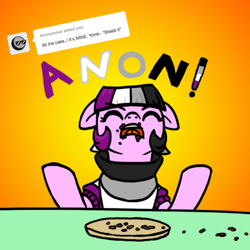 Size: 500x500 | Tagged: safe, artist:thedragenda, oc, oc only, oc:ace pony, species:earth pony, species:pony, anonymous, cake, female, food, mare, pride, stealing
