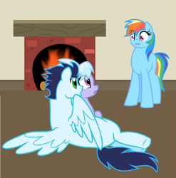Size: 925x937 | Tagged: safe, artist:kookiebeatz, character:cloudchaser, character:rainbow dash, character:soarin', species:pony, ship:soarindash, crying, female, fireplace, implied infidelity, implied shipping, implied soarindash, implied straight, male, shipping, shocked, soarinchaser, straight