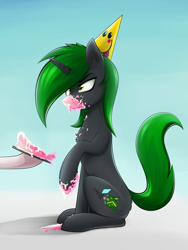Size: 1200x1600 | Tagged: safe, artist:o0o-bittersweet-o0o, oc, oc only, oc:soft spring, species:pony, species:unicorn, cake, clothing, female, food, hat, party hat, silly, silly pony, sitting, smiling, solo
