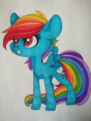 Size: 992x1322 | Tagged: safe, artist:aliceub, character:rainbow dash, species:pegasus, species:pony, female, filly, filly rainbow dash, grin, mare, simple background, smiling, solo, spread wings, traditional art, white background, wings, younger