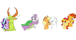 Size: 1024x546 | Tagged: safe, artist:arirain, character:applejack, character:double diamond, character:spike, character:starlight glimmer, character:sunburst, character:sunset shimmer, character:sweetie belle, character:thorax, species:changeling, species:dragon, species:pony, species:reformed changeling, species:unicorn, ship:shimmerburst, ship:spikebelle, applediamond, blushing, boop, bust, eyes closed, female, floppy ears, freckles, glimax, grin, heart, hug, lidded eyes, male, nibbling, noseboop, one eye closed, shipping, simple background, smiling, straight, unshorn fetlocks, white background
