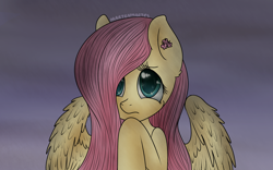 Size: 1600x1000 | Tagged: safe, artist:martenmartes, character:fluttershy, species:pegasus, species:pony, bust, cute, eyelashes, female, hair over one eye, looking up, overcast, portrait, shy, shyabetes, solo, wings