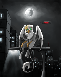 Size: 3000x3800 | Tagged: safe, artist:sinniepony, oc, oc only, species:griffon, airship, city, cityscape, green eyes, lonely, moon, night, russian, solo, stalliongrad, wings, zeppelin