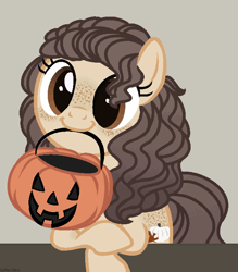 Size: 630x720 | Tagged: safe, artist:pgthehomicidalmaniac, base used, oc, oc only, oc:lumina, species:earth pony, species:pony, female, hair over one eye, halloween, holiday, jack-o-lantern, looking at you, mare, pumpkin, pumpkin bucket, simple background, solo, to saddlebags and back again