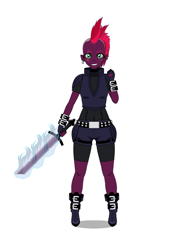 Size: 750x1000 | Tagged: safe, artist:kathara_khan, character:tempest shadow, species:human, my little pony: the movie (2017), my little pony:equestria girls, armor, boots, broken sword, clothing, ear piercing, earring, equestria girls-ified, eye scar, female, fingerless gloves, gloves, humanized, jewelry, kisekae, mohawk, movie, piercing, scar, shoes, simple background, solo, sword, weapon, white background