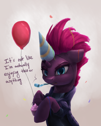 Size: 800x1000 | Tagged: safe, artist:vanillaghosties, character:tempest shadow, species:pony, species:unicorn, my little pony: the movie (2017), balloon, broken horn, clothing, confetti, cupcake, dialogue, eye scar, female, floppy ears, food, hat, hoof hold, looking at you, mare, party hat, party horn, scar, simple background, solo, tempest gets her horn back, tempest the birthday guest, tsundere, tsundere shadow