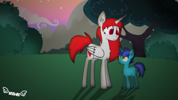 Size: 2400x1350 | Tagged: safe, artist:kiwipone, oc, oc only, oc:brooke heart, oc:daylight dream, species:alicorn, species:pony, species:unicorn, colt, cute, drawn by mouse, drawn with mouse, duo, female, looking at each other, male, mare, mother and son, motherly love, standing