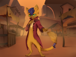 Size: 1024x778 | Tagged: safe, artist:reysi, character:capper dapperpaws, species:abyssinian, species:anthro, species:digitigrade anthro, my little pony: the movie (2017), cat, clothing, coat, klugetown, looking at you, male, paw pads, paws, solo, underpaw