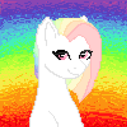 Size: 1000x1000 | Tagged: safe, artist:evakulisreal, oc, oc only, species:pony, female, mare, pixel art, rainbow background, rainbow hair, smiling, solo