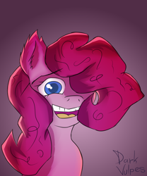 Size: 1000x1200 | Tagged: safe, artist:darkvulpes, character:pinkie pie, species:earth pony, species:pony, bust, female, portrait, scared, simple background, smiling, solo