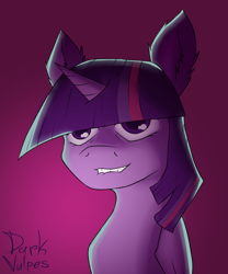 Size: 1000x1200 | Tagged: safe, artist:darkvulpes, character:twilight sparkle, species:alicorn, species:pony, bust, evil grin, evil twilight, female, grin, naughty face, portrait, simple background, smiling, solo