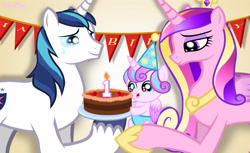 Size: 3443x2109 | Tagged: safe, artist:rose-beuty, character:princess cadance, character:princess flurry heart, character:shining armor, species:alicorn, species:pony, species:unicorn, baby, birthday, birthday cake, cake, crying, diaper, female, food, male, mare, stallion