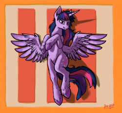 Size: 3775x3500 | Tagged: safe, artist:danton-y17, character:twilight sparkle, character:twilight sparkle (alicorn), species:alicorn, species:pony, abstract background, female, floppy ears, looking at you, mare, raised hoof, smiling, solo, wings