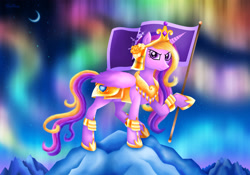 Size: 2650x1850 | Tagged: safe, artist:rose-beuty, character:princess cadance, species:alicorn, species:pony, armor, aurora borealis, crescent moon, female, flag, mare, moon, solo, warrior cadance