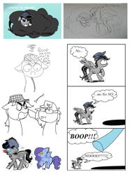 Size: 1580x2120 | Tagged: safe, artist:bunnybass, artist:chopsticks, artist:yenchey, oc, oc only, oc:chopsticks, oc:morning blast, species:pegasus, species:pony, boop, clothing, cloud, comic, compilation, female, glasses, hat, male, mare, monochrome, stallion, this will not end well, thought bubble, weapons-grade boop
