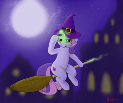 Size: 1800x1500 | Tagged: safe, artist:ponyxwright, character:sweetie belle, broom, clothing, female, flying, flying broomstick, full moon, glowing horn, halloween, hat, holiday, magic, moon, nightmare night, solo, witch hat