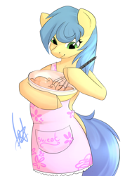 Size: 3000x4000 | Tagged: safe, artist:bored_user, oc, oc only, species:earth pony, species:pony, apron, bowl, clothing, cooking, female, mare, semi-anthro, signature, simple background, solo, whisk, white background, ych result