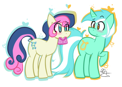 Size: 700x500 | Tagged: dead source, safe, artist:strobo-pop, character:bon bon, character:lyra heartstrings, character:sweetie drops, species:earth pony, species:pony, species:unicorn, ship:lyrabon, g4, blushing, confused, eye contact, female, heart, lesbian, love letter, mare, mouth hold, shipping, simple background