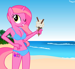 Size: 1730x1600 | Tagged: safe, artist:kiwipone, oc, oc only, oc:candy heart, species:anthro, species:pony, species:unicorn, beach, bikini, clothing, female, food, ice cream, mare, one eye closed, show accurate anthro, solo, swimsuit, wink