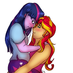 Size: 700x700 | Tagged: safe, artist:anxiousshadowpetals, character:sunset shimmer, character:twilight sparkle, ship:sunsetsparkle, my little pony:equestria girls, blushing, blushing profusely, boop, cute, female, holding, lesbian, looking at each other, noseboop, shipping, simple background, transparent background, twiabetes