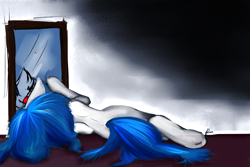 Size: 3000x2000 | Tagged: safe, artist:lilfaux, character:dj pon-3, character:vinyl scratch, species:pony, species:unicorn, female, high res, mare, mirror, on side, rear view, solo