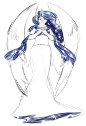 Size: 678x997 | Tagged: safe, artist:kegisak, character:princess luna, species:anthro, big wings, clothing, dress, galaxy mane, goddess, gown, partial color, sash, sketch, starry eyes, wingding eyes, wings, worm's eye view