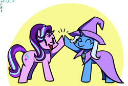 Size: 600x405 | Tagged: safe, artist:tangankittentail, character:starlight glimmer, character:trixie, species:pony, species:unicorn, cape, clothing, duo, eyes closed, female, hat, high five, mare, open mouth, smiling, trixie's cape, trixie's hat