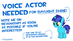 Size: 1600x900 | Tagged: safe, artist:kiwipone, oc, oc only, oc:daylight shine, species:pony, species:unicorn, colt, help wanted, male, simple background, smiling, solo, text, voice acting, voice actor needed, white background