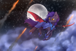 Size: 2400x1600 | Tagged: safe, artist:reysi, oc, oc only, oc:dawn sentry, species:bat pony, species:pony, armor, bat pony oc, battlefield, claws, cloud, female, fire, flying, full moon, looking down, mare, metal claws, moon, night, night guard, solo, spread wings, stars, weapon, wings