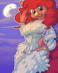Size: 1280x1615 | Tagged: safe, artist:woofmaple, character:pinkie pie, species:anthro, species:chicken, animal costume, breasts, busty pinkie pie, chicken pie, chicken suit, clothing, cosplay, costume, female, halloween, holiday, moon, smiling, solo
